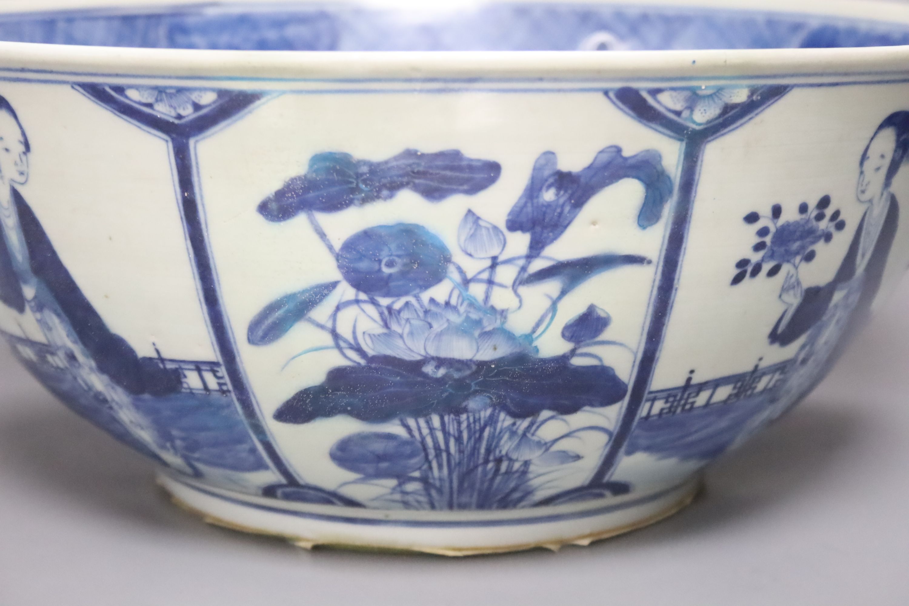 A 19th century Chinese blue and white punch bowl, diameter 36cm (restored)